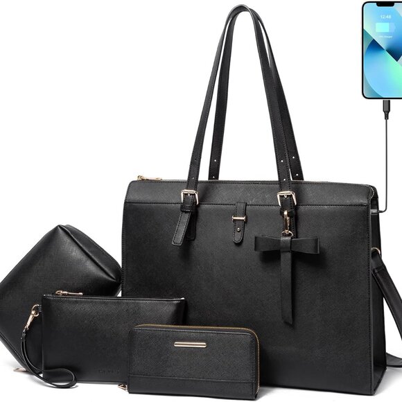 4pc Sets Laptop Bag for Women Large Leather Laptop Briefcase with USB Charging P - Picture 1 of 6